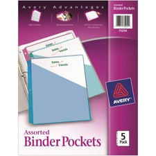 Binder Pockets, 3-hole Punched, 9.25 X 11, Assorted Colors, 5/pack