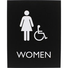 Lorell Restroom Sign - 1 Each - Women Print/Message - 6.4" Width x 8.5" Height - Rectangular Shape - Easy Readability, Braille - Plastic - Black