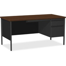 Lorell Fortress Series Right-Pedestal Desk - Laminated Rectangle, Walnut Top - 30" Table Top Length x 66" Table Top Width x 1.13" Table Top Thickness - 29.50" Height - Assembly Required - Black Walnut - Steel