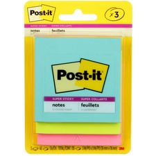 Post-it&reg; Super Sticky Notes - Supernova Neons Color Collection - 135 - 3" x 3" - Square - 45 Sheets per Pad - Unruled - Aqua Splash, Acid Lime, Tropical Pink - Paper - Self-adhesive - 3 / Pack