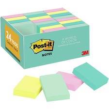 Post-it&reg; Greener Notes Value Pack - Beachside Cafe Color Collection - 1.50" x 2" - Rectangle - Positively Pink, Canary Yellow, Fresh Mint, Moonstone - Paper - Self-stick, Removable, Recyclable, Residue-free, Eco-friendly - 24 / Pack