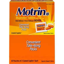 Motrin IB Ibuprofen Tablets - For Headache, Muscular Pain, Backache, Toothache, Arthritis, Common Cold, Menstrual Cramp, Fever - 50 / Box - 2 Per Packet