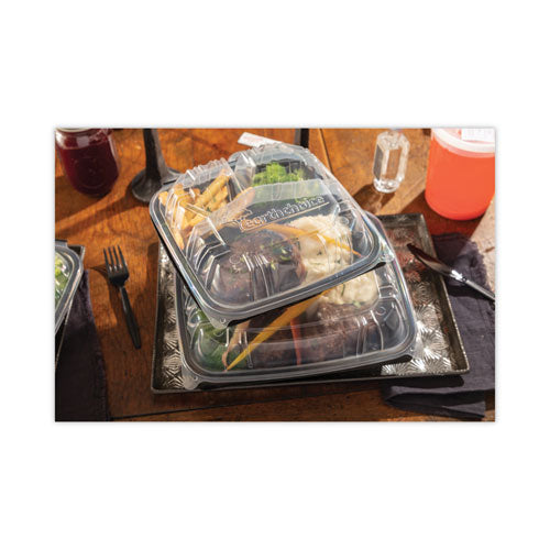 Earthchoice Vented Dual Color Microwavable Hinged Lid Container, 3-comp Base/lid, 34 Oz, 10.5x9.5x3, Blk/clr, Plastic, 132/ct