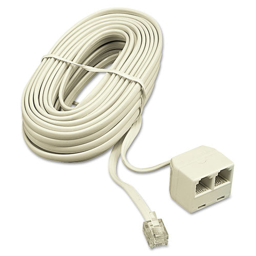 Telephone Extension Cord, Plug/dual Jack, 25 Ft, Ivory