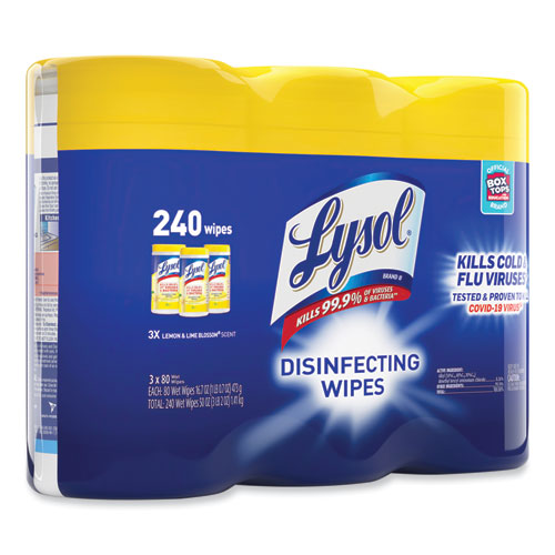 Disinfecting Wipes, 7 X 7.25, Lemon And Lime Blossom, 80 Wipes/canister, 3 Canisters/pack