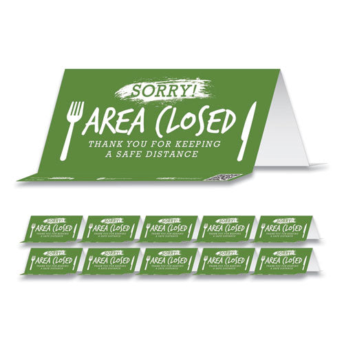 Besafe Messaging Table Top Tent Card, 8 X 3.87, Sorry! Area Closed Thank You For Keeping A Safe Distance, Green, 10/pack