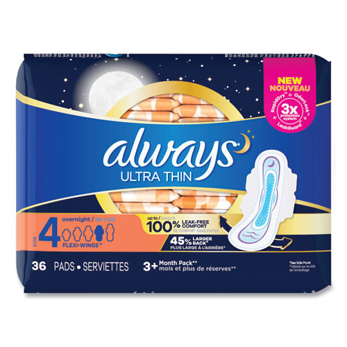 Ultra Thin Overnight Pads With Wings, 36/pack, 6 Packs/carton