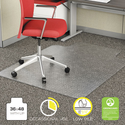 Occasional Use Studded Chair Mat For Flat Pile Carpet, 36 X 48, Lipped, Clear