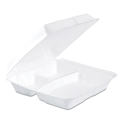 Foam Hinged Lid Container, Performer Perforated Lid, 3-compartment, 9 X 9.4 X 3, White, 100/bag, 2 Bag/carton