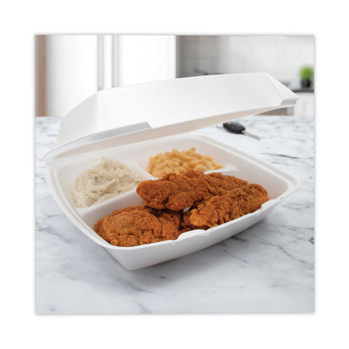 Insulated Foam Hinged Lid Containers, 3-compartment. 7.9 X 8.4 X 3.3, White, 200/carton