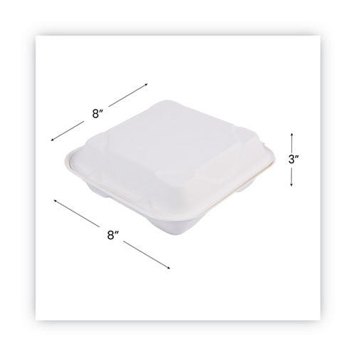 Bagasse Hinged Clamshell Containers, 9 X 9 X 3, White, Sugarcane, 50/pack, 4 Packs/carton