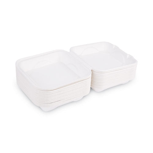 Bagasse Hinged Clamshell Containers, 9 X 9 X 3, White, Sugarcane, 50/pack, 4 Packs/carton