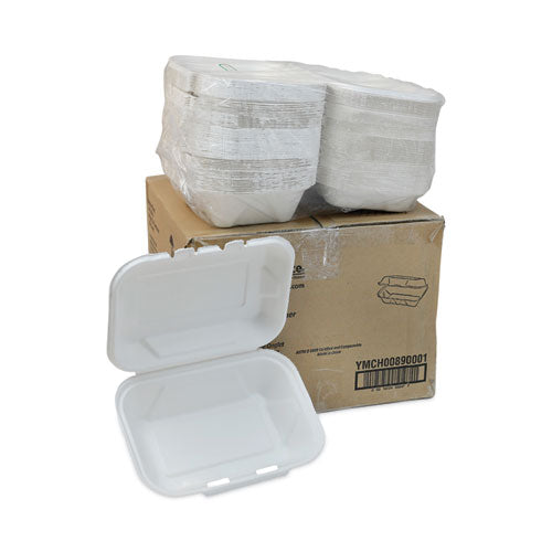 Earthchoice Bagasse Hinged Lid Container, Dual Tab Lock, 9.1 X 6.1 X 3.3, Natural, Sugarcane, 150/carton