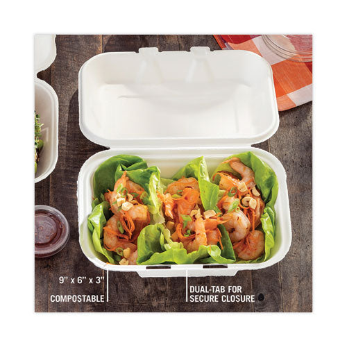 Earthchoice Bagasse Hinged Lid Container, Dual Tab Lock, 9.1 X 6.1 X 3.3, Natural, Sugarcane, 150/carton