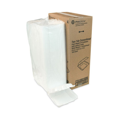 Vented Foam Hinged Lid Container, Dual Tab Lock, 8.42 X 8.15 X 3, White, 150/carton