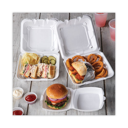 Vented Foam Hinged Lid Container, Dual Tab Lock, 8.42 X 8.15 X 3, White, 150/carton