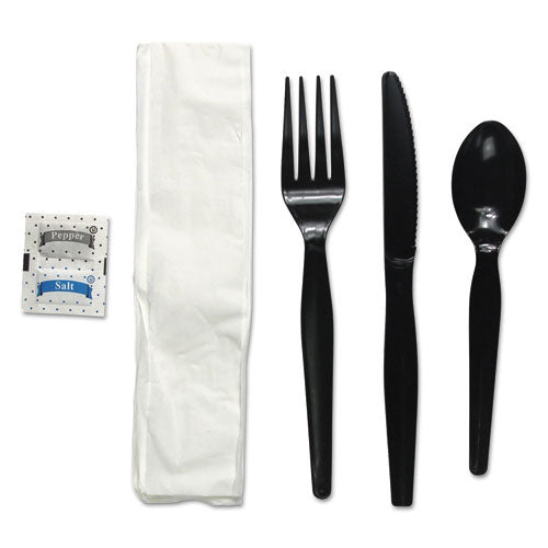 Six-piece Cutlery Kit, Condiment/fork/knife/napkin/teaspoon, Black, 250/carton