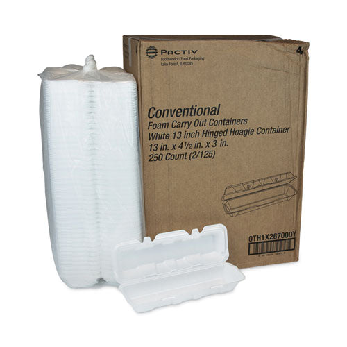 Foam Hinged Lid Containers, Dual Tab Lock Hoagie, 13 X 4 X 4, White, 250/carton