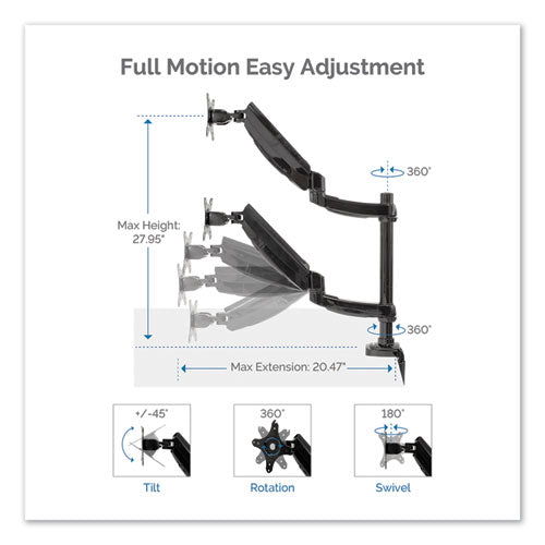 Platinum Series Dual Stacking Arm For 27" Monitors, 360 Deg Rotation, 180 Deg Tilt, 360 Deg Pan, Black, Supports 22 Lb