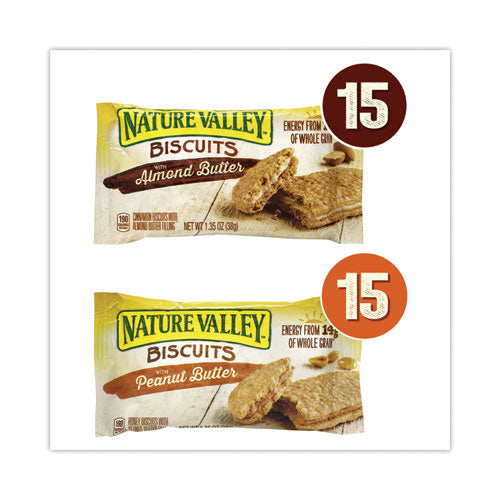 Biscuits, Cinnamon with Almond Butter/Honey with Peanut Butter, 1.35 oz Pouch, 30/Carton, Ships in 1-3 Business Days Biscuits, Cinnamon with Almond Butter/Honey with Peanut Butter, 1.35 oz Pouch, 30/Carton, Ships in 1-3 Business Days