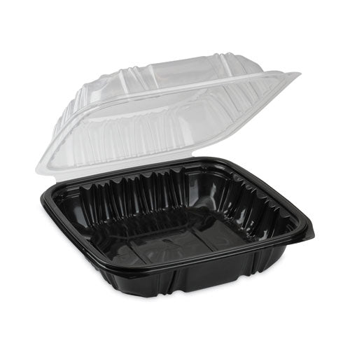 Earthchoice Vented Dual Color Microwavable Hinged Lid Container, 1-compartment, 28oz, 7.5x7.5x3, Black/clear, Plastic, 150/ct