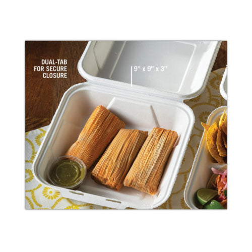 Earthchoice Bagasse Hinged Lid Container, Dual Tab Lock Large Container, 9 X 9 X 3.5, Natural, Sugarcane, 150/carton