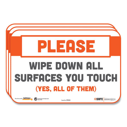 Besafe Messaging Repositionable Wall/door Signs, 9 X 6, Please Wipe Down All Surfaces You Touch, White, 3/pack