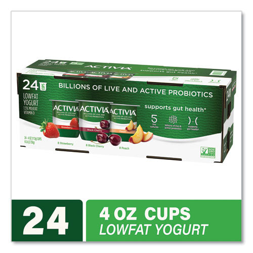 Probiotic Lowfat Yogurt, 4 oz Cups, Black Cherry/Peach/Strawberry, 24/Pack, Ships in 1-3 Business Days Probiotic Lowfat Yogurt, 4 oz Cups, Black Cherry/Peach/Strawberry, 24/Pack, Ships in 1-3 Business Days