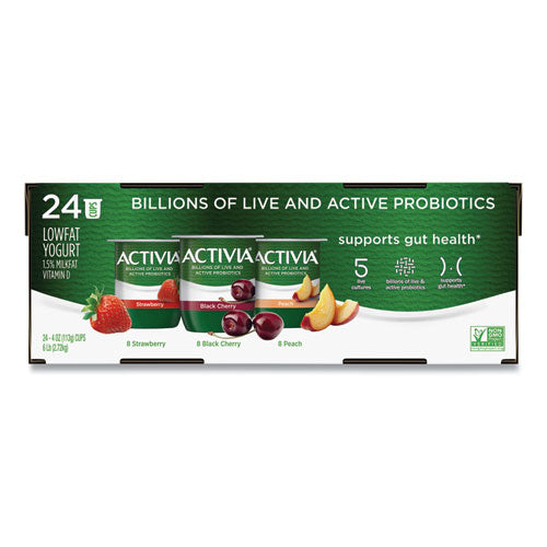 Probiotic Lowfat Yogurt, 4 oz Cups, Black Cherry/Peach/Strawberry, 24/Pack, Ships in 1-3 Business Days Probiotic Lowfat Yogurt, 4 oz Cups, Black Cherry/Peach/Strawberry, 24/Pack, Ships in 1-3 Business Days