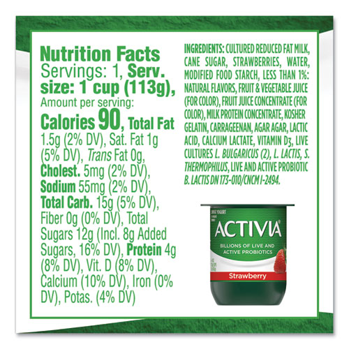 Probiotic Lowfat Yogurt, 4 oz Cups, Black Cherry/Peach/Strawberry, 24/Pack, Ships in 1-3 Business Days Probiotic Lowfat Yogurt, 4 oz Cups, Black Cherry/Peach/Strawberry, 24/Pack, Ships in 1-3 Business Days