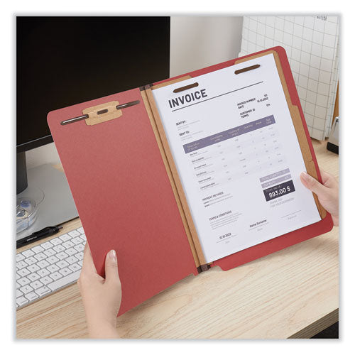 Red Pressboard End Tab Classification Folders, 2" Expansion, 2 Dividers, 6 Fasteners, Letter Size, Red Exterior, 10/box
