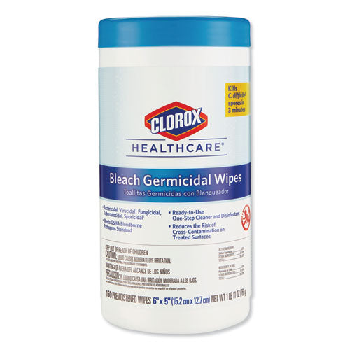 Bleach Germicidal Wipes, 1-ply, 6.75 X 9, Unscented, White, 70/canister