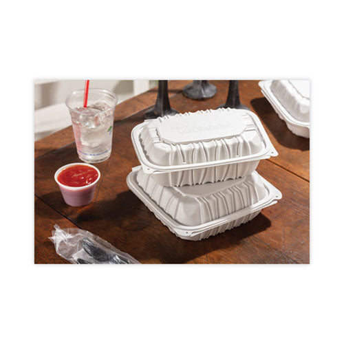 Earthchoice Vented Microwavable Mfpp Hinged Lid Container, 9 X 6 X 3.1, White, Plastic, 170/carton