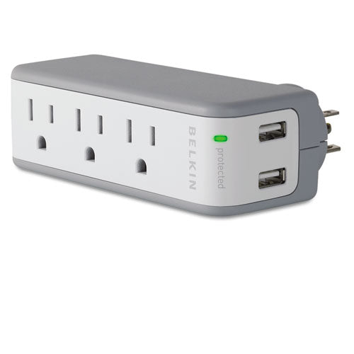 Wall Mount Surge Protector, 3 Ac Outlets/2 Usb Ports, 918 J, Gray/white