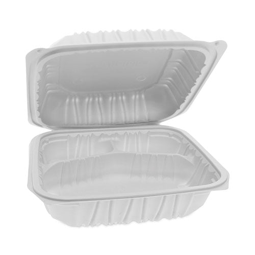 Earthchoice Vented Microwavable Mfpp Hinged Lid Container, 3-compartment, 8.5 X 8.5 X 3.1, White, Plastic, 146/carton