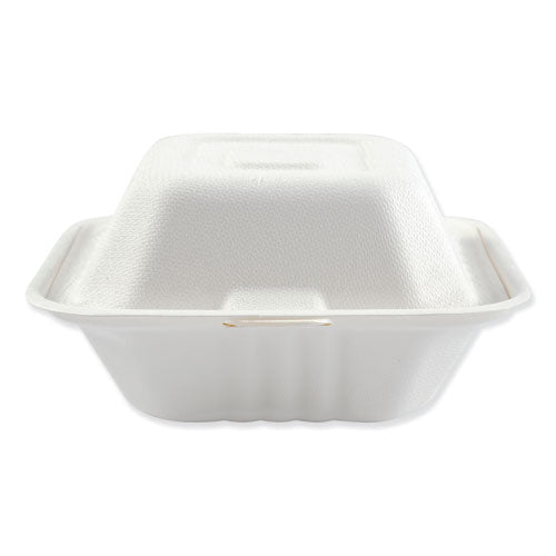 Bagasse Food Containers, Hinged-lid, 1-compartment 9 X 9 X 3.19, White,  Sugarcane, 100/sleeve, 2 Sleeves/carton