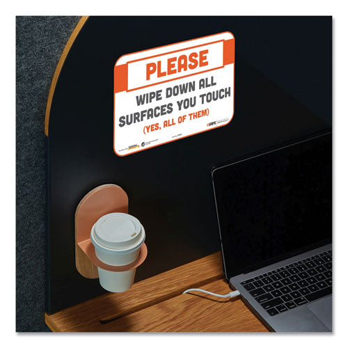 Besafe Messaging Repositionable Wall/door Signs, 9 X 6, Please Wipe Down All Surfaces You Touch, White, 30/carton