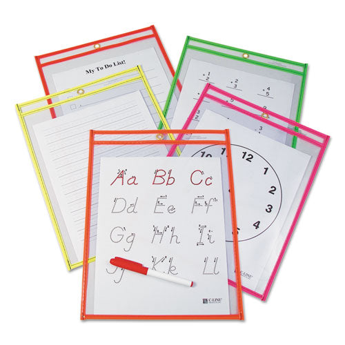 Reusable Dry Erase Pockets, 9 X 12, Assorted Primary Colors, 5/pack