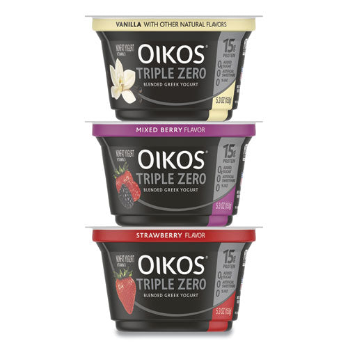 Triple Zero Blended Greek Nonfat Yogurt, 5.3 oz, Strawberry/Mixed Berry/Vanilla, 18/Carton, Ships in 1-3 Business Days Triple Zero Blended Greek Nonfat Yogurt, 5.3 oz, Strawberry/Mixed Berry/Vanilla, 18/Carton, Ships in 1-3 Business Days