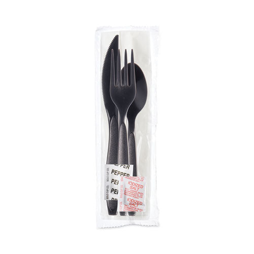 Reliance Mediumweight Cutlery Kit, Knife/fork/spoon/salt/pepper/napkin, Black, 250 Kits/carton