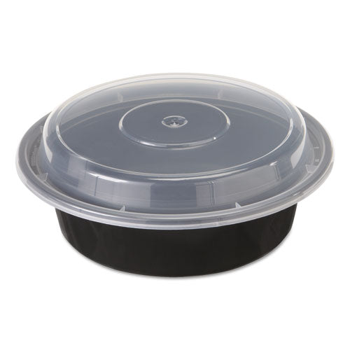 Newspring Versatainer Microwavable Containers, Round, 3-compartment, 39 Oz, 9 X 9 X 2.25, Black/clear, Plastic, 150/carton