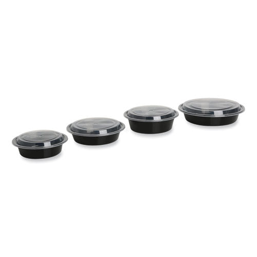 Microwavable Food Container with Lid, Round, 24 oz, 7.28 x 7.28 x 1.96, Black/Clear, Plastic, 150/Carton Microwavable Food Container with Lid, Round, 24 oz, 7.28 x 7.28 x 1.96, Black/Clear, Plastic, 150/Carton