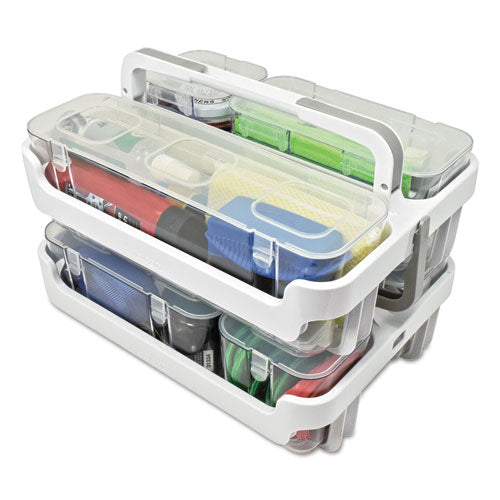 Stackable Caddy Organizer With S, M And L Containers, Plastic, 10.5 X 14 X 6.5, White Caddy/clear Containers