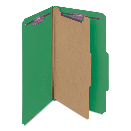 Four-section Pressboard Top Tab Classification Folders, Four Safeshield Fasteners, 1 Divider, Legal Size, Green, 10/box