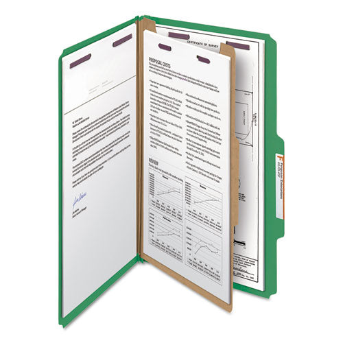 Four-section Pressboard Top Tab Classification Folders, Four Safeshield Fasteners, 1 Divider, Legal Size, Green, 10/box