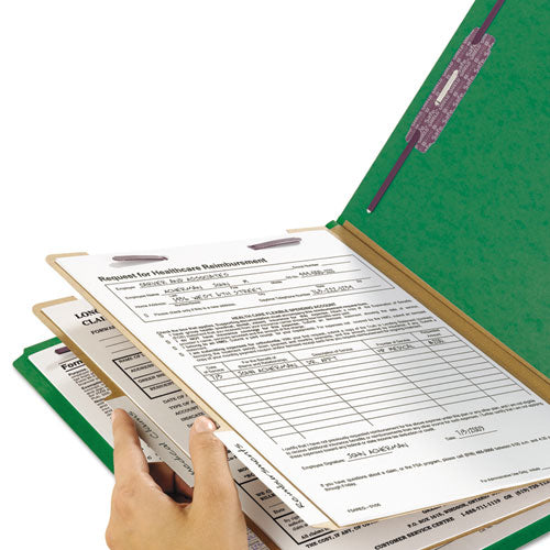 Six-section Pressboard Top Tab Classification Folders, Six Safeshield Fasteners, 2 Dividers, Legal Size, Green, 10/box