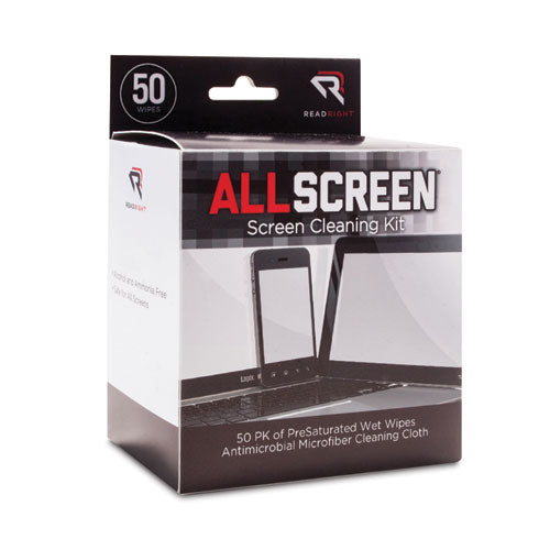 Allscreen Screen Cleaning Kit, Individually Wrapped Presaturated Wipes, 1 Microfiber Cloth, 5 X 4, Unscented, White, 50/box