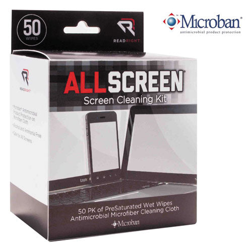 Allscreen Screen Cleaning Kit, Individually Wrapped Presaturated Wipes, 1 Microfiber Cloth, 5 X 4, Unscented, White, 50/box