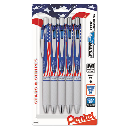 Energel Rtx Gel Pen, Retractable, Medium 0.7 Mm, Black Ink, Red/white/blue Barrel, 5/pack