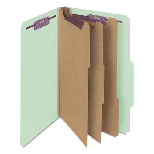 Pressboard Classification Folders, Eight Safeshield Fasteners, 2/5-cut Tabs, 3 Dividers, Legal Size, Gray-green, 10/box